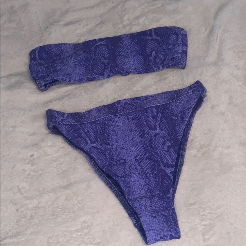 Blue snake skin bathing suit, high rise